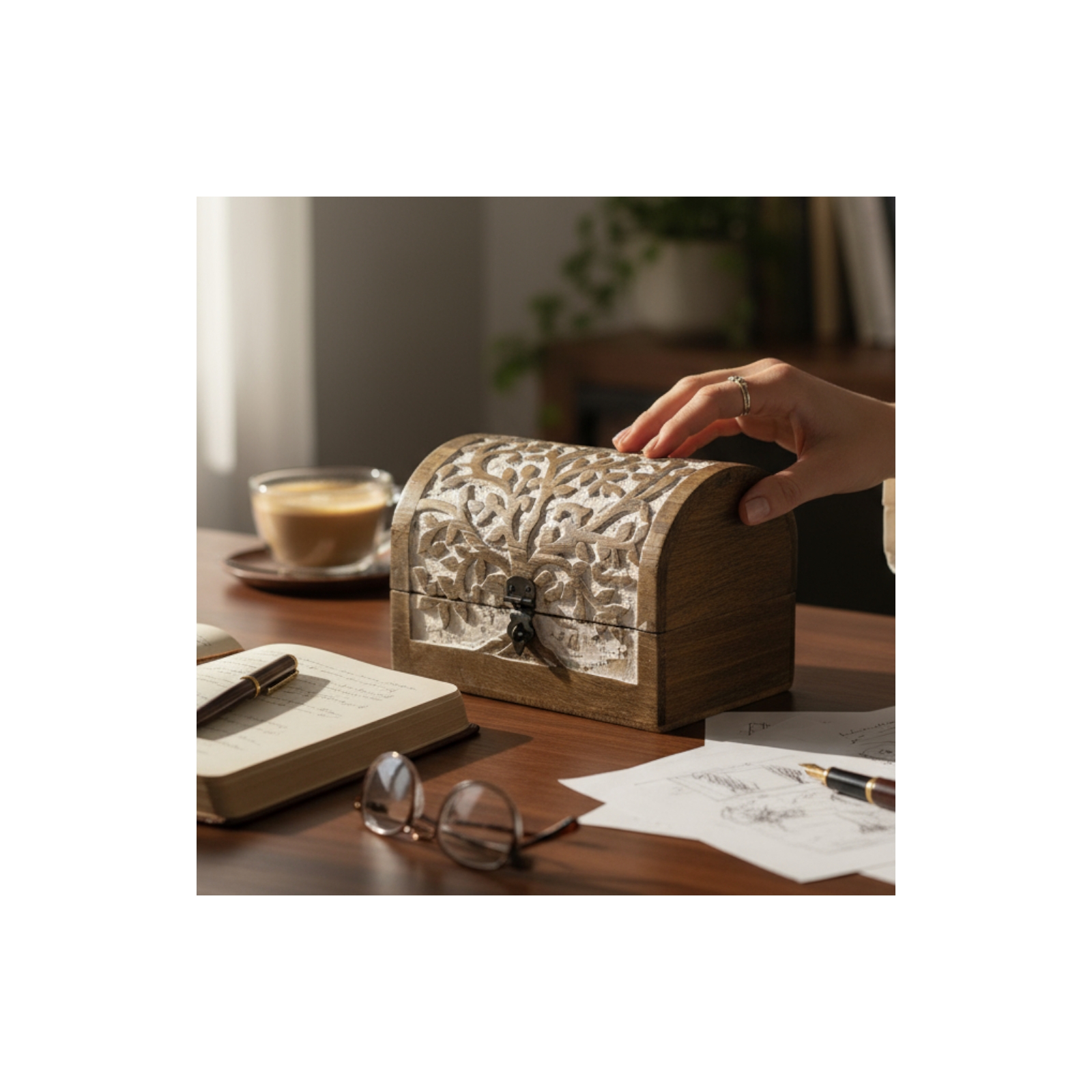 Tree of Life Half-Round Carved Box-White Wash